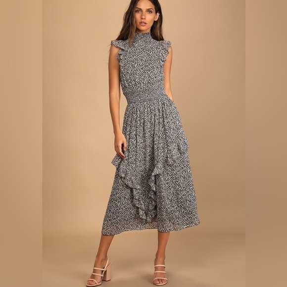 Lulus Dresses & Skirts - Lulu’s Evalina Black Floral Print Mock Neck Midi Dress